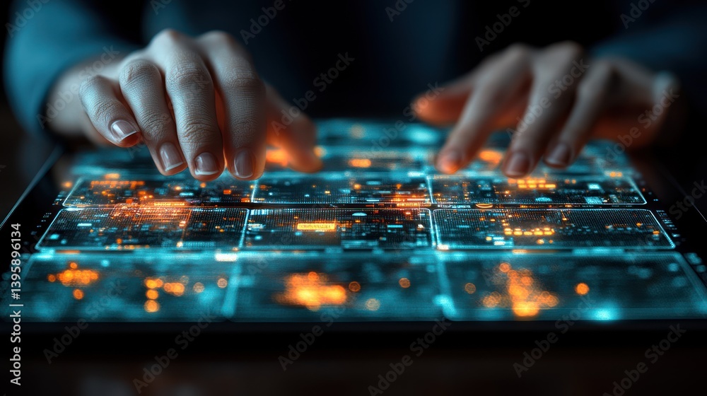 Close-up of hands using futuristic tablet interface. Close-up of hands using futuristic tablet interface.