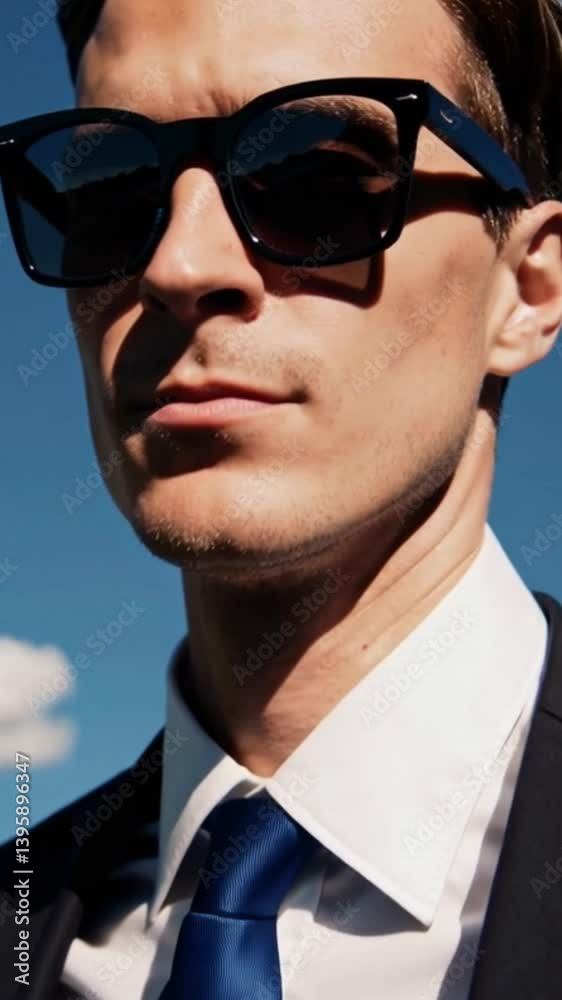 Confident man in sunglasses enjoying a bright day outdoors at a serene location Confident man in sunglasses enjoying a bright day outdoors at a serene location