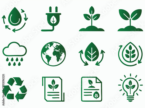 This image features a collection of simple, clean, and vibrant green icons representing various aspects of sustainable living