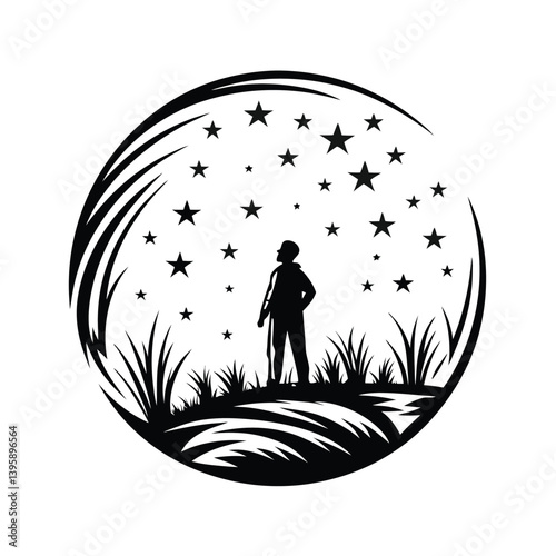 Silhouette Figure Gazing Upward at Stars in a Circular Nature on White