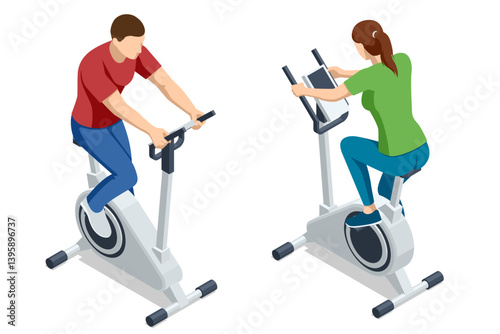 Isometric vector illustration of a man and a woman using exercise bikes. Indoor cycling, fitness workout, cardio training, gym equipment concept. Athletic lifestyle, sports equipment.