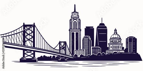 Cincinnati vector silhouette skyline featuring the city’s iconic bridges, urban skyline, and cultural landmarks.