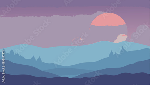 vector illustration of a woman in the mountains with the sun