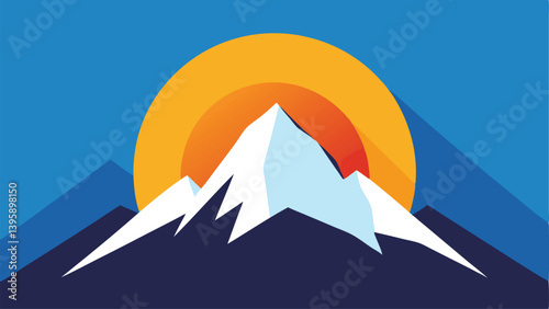 Gentle Sunrays Peeking Over Snowy Mountain Peak at Daybreak Vector Illustration Background