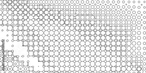 Black spots and dotted shape geometric pattern marks on white background, abstract texture of old background distorted stroke trendy design defect distressed effect halftone dots screen texture.