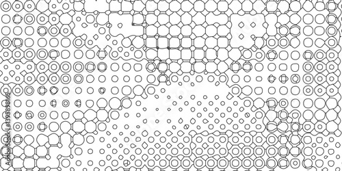 Black spots and dotted shape geometric pattern marks on white background, abstract texture of old background distorted stroke trendy design defect distressed effect halftone dots screen texture.