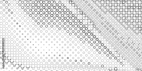 Black spots and dotted shape geometric pattern marks on white background, abstract texture of old background distorted stroke trendy design defect distressed effect halftone dots screen texture.