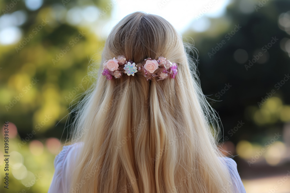 long blonde hair with pink and white floral wreath accessory viewed from behind in outdoor garden scene