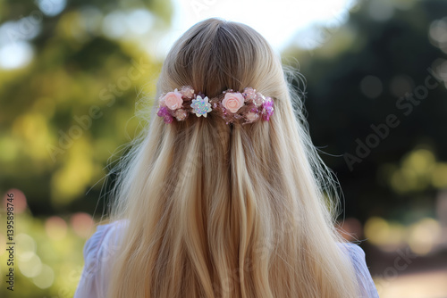 Obraz na płótnie long blonde hair with pink and white floral wreath accessory viewed from behind in outdoor garden scene w salonie