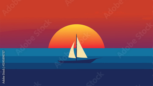 Sunset gradient behind sailboat on horizon vector