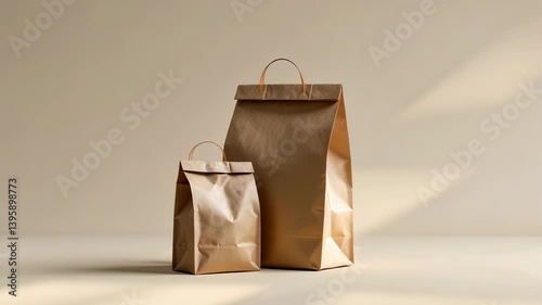 Mockup of pouch bags on a neutral monochrome background. Product packaging template with blank kraft paper for showcasing food snack delivery.