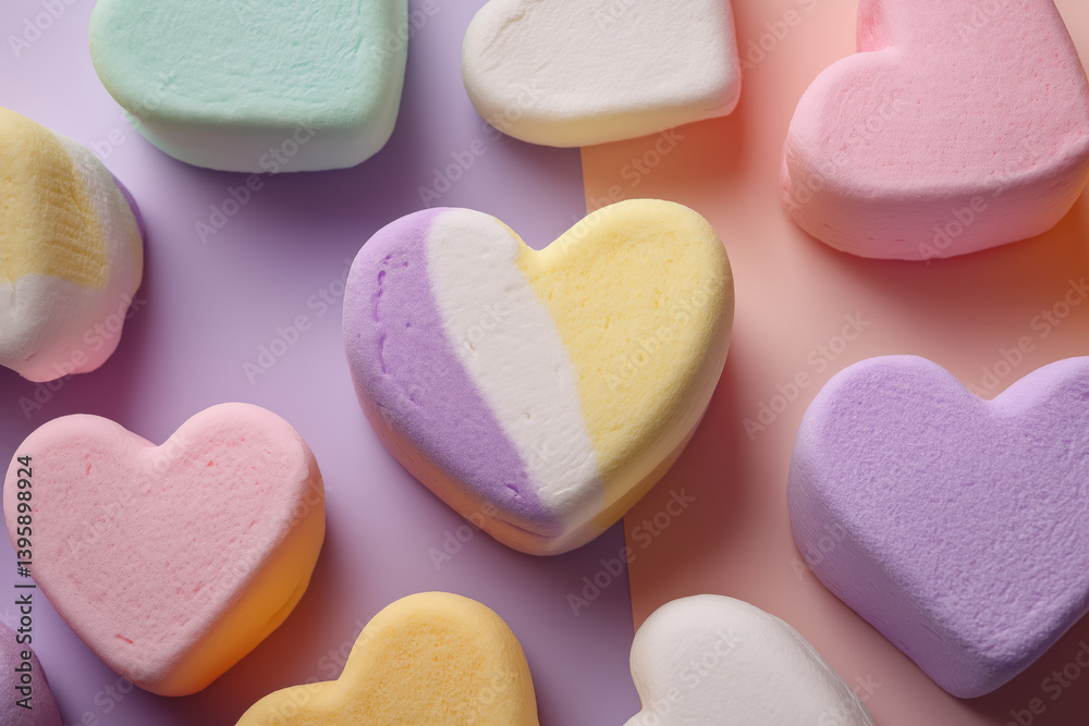 pastel heart shaped marshmallows in colorful soft tones on pink and purple background for candy or sweet love themes