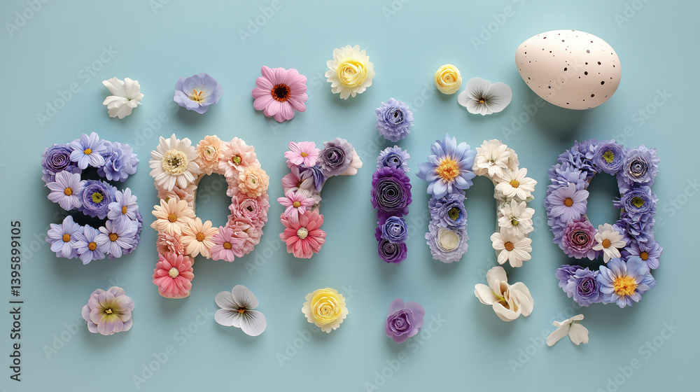 spring floral typography with pastel flowers and petals on light blue background for seasonal and festive designs