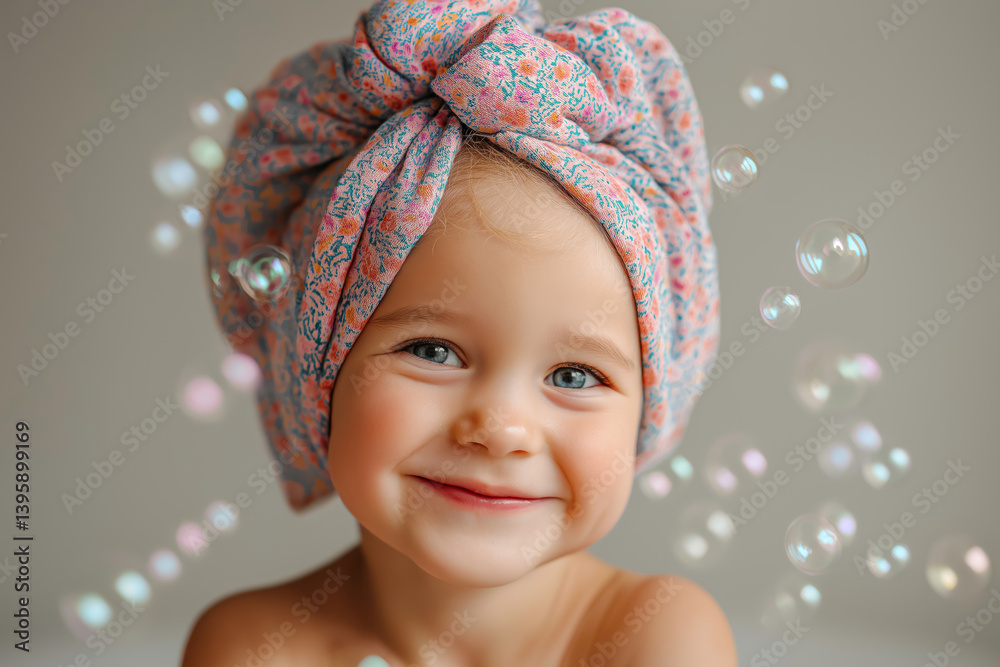 adorable smiling toddler with floral towel turban and floating soap bubbles in soft natural light