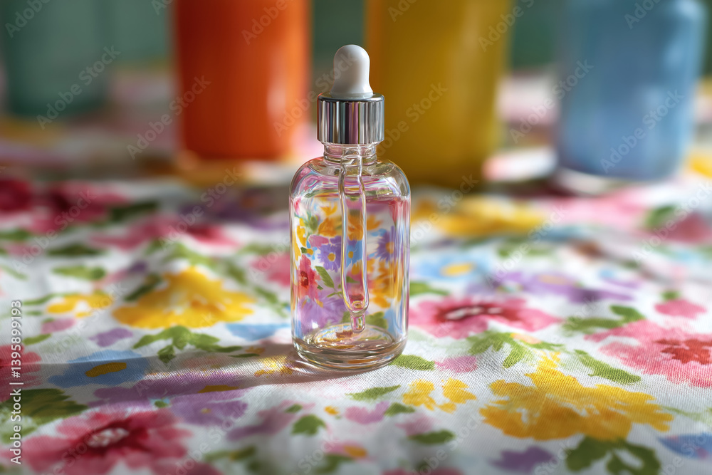 clear glass dropper serum bottle with pipette on floral fabric background in natural sunlight
