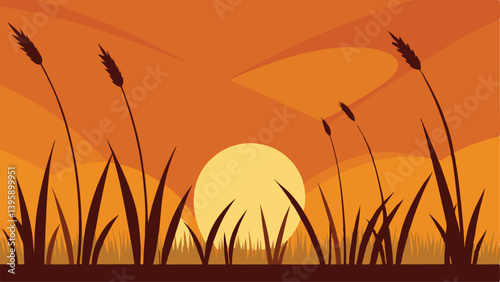 Evening Sun Through Tall Grasses in Field Vector