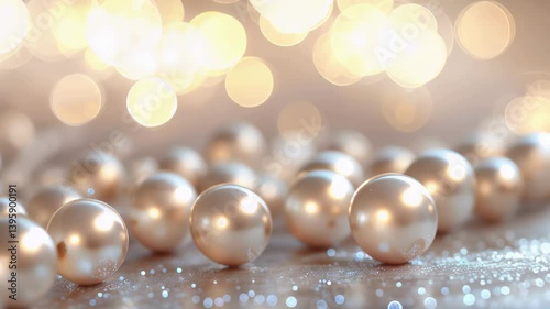 Close-Up of Shiny White Pearls on Reflective Surface, Elegant Luxury