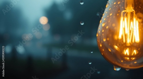 Soft, dreamy atmosphere, wet rainy scene, close-up of a bulb, drizzling rain, reflective surfaces, hazy soft light.
