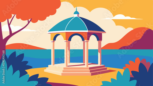 Mediterranean Garden with Traditional Gazebo Vector
