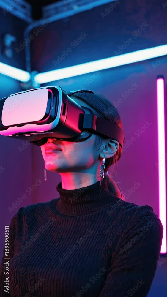 Engaging in virtual reality experience with neon lighting atmosphere at an immersive tech space Engaging in virtual reality experience with neon lighting atmosphere at an immersive tech space