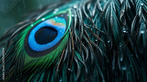 Closeup of peacock feathers in a dramatic cinematic wet rainy scene featuring iridescent colors, film-like lighting, and rain-slicked reflective surfaces.
