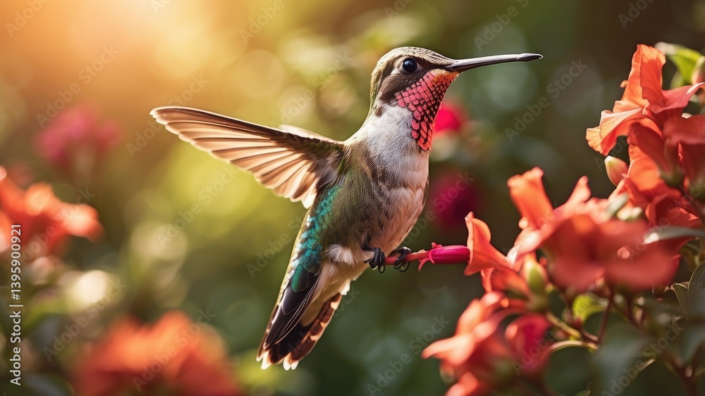 Obraz premium A vibrant hummingbird with iridescent blue and green feathers hovers mid-air