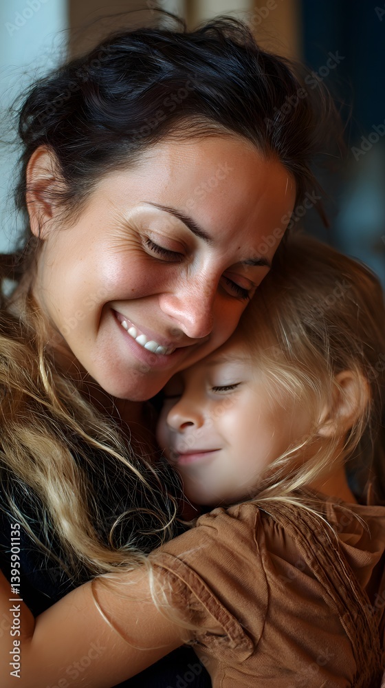 Mother's Day. A tender moment captured between a smiling mother and her young daughter, as they embrace with eyes closed, exuding warmth.