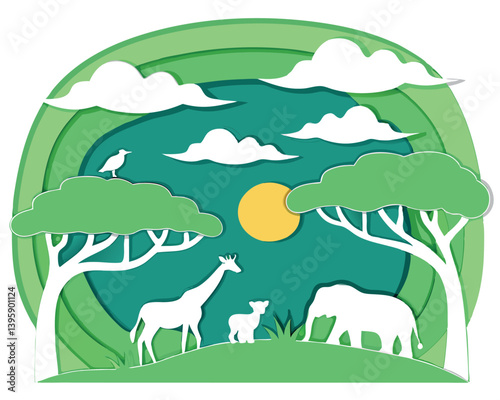 Layered Paper Cut African Savanna: Giraffe, Antelope, Rhino, Tree, Sun.