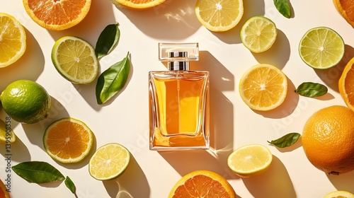Citrus Scent of Freshness: A vibrant perfume bottle rests amidst a colorful array of sliced citrus fruits and fresh leaves, conveying a sense of invigorating freshness and zest.