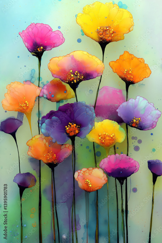 whimsical poppy flowers in tall composition with alcohol ink texture and vibrant watercolor tones