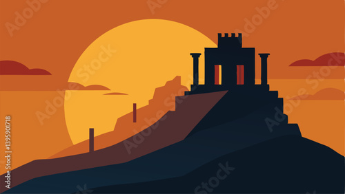 Ruined Hilltop Castle at Twilight Vector Scene