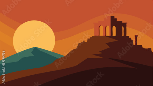 Golden Sunset on Ancient Ruins in the Hills Vector