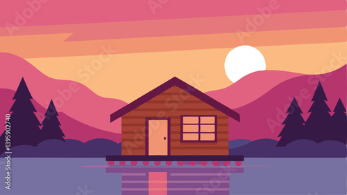 Wooden Cabin by Lake at Sunset Vector Illustration