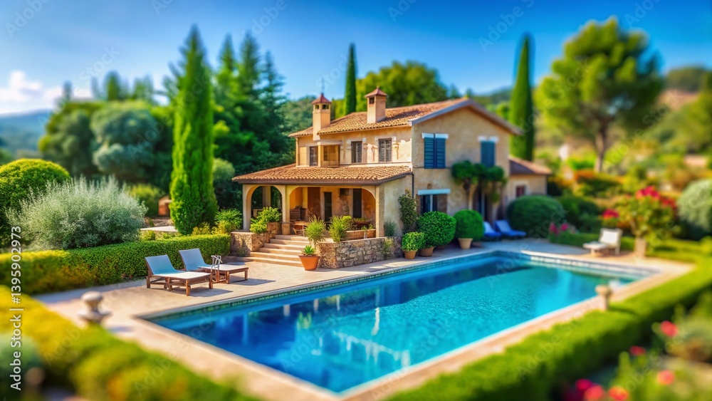 Fototapeta premium Idyllic Villa with Swimming Pool: Stunning Tilt-Shift Photography