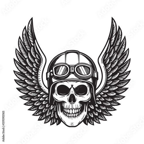 Digital design of dark skull with wings symbolism