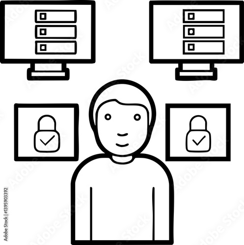 A simplified illustration of a person surrounded by computer screens and security icons, representing data management and online security.