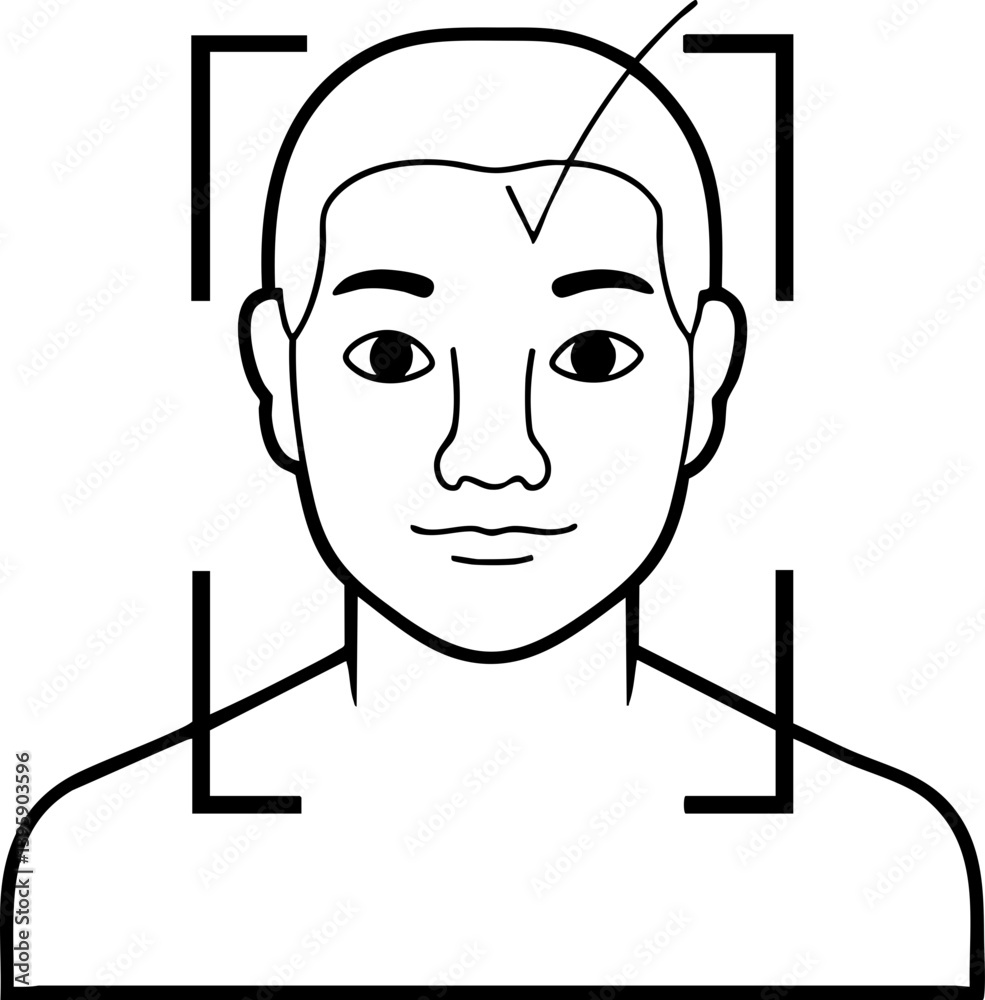 Obraz premium A simple line drawing of a male face with a neutral expression, encased in rectangular outlines, indicating focus on facial features.