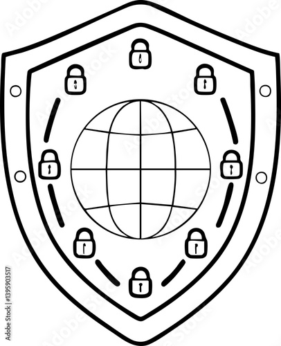 A shield design featuring a globe and padlocks, symbolizing security and protection in a global context.