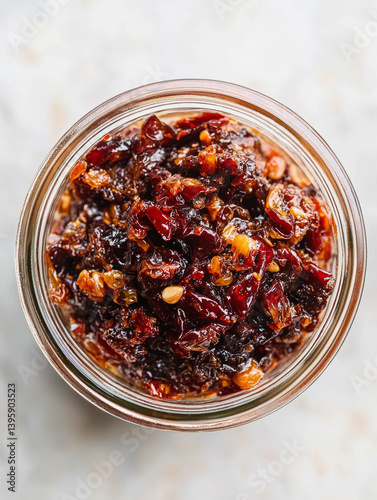 Top view of homemade chili crisp in a glass jar.