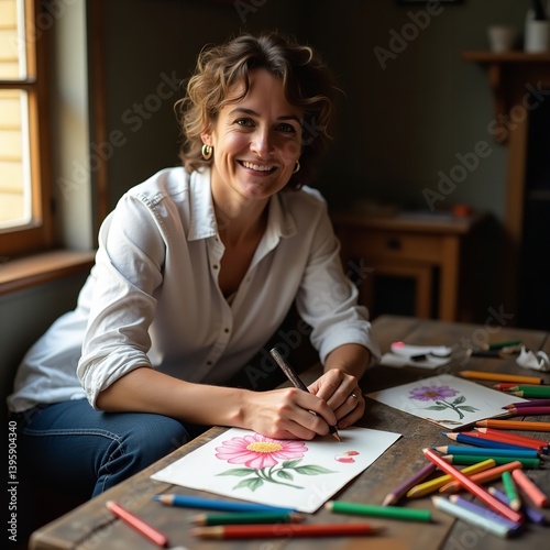 Obraz na płótnie Artist joyfully paints a vibrant flower creating art in a rustic studio with soft light and blurred w salonie