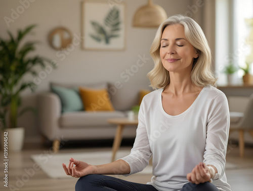 Happy healthy middle aged woman meditating at home. Serene mindful mature older lady in her 50s doing breathing exercises practicing meditation with eyes closed in modern house living room. 