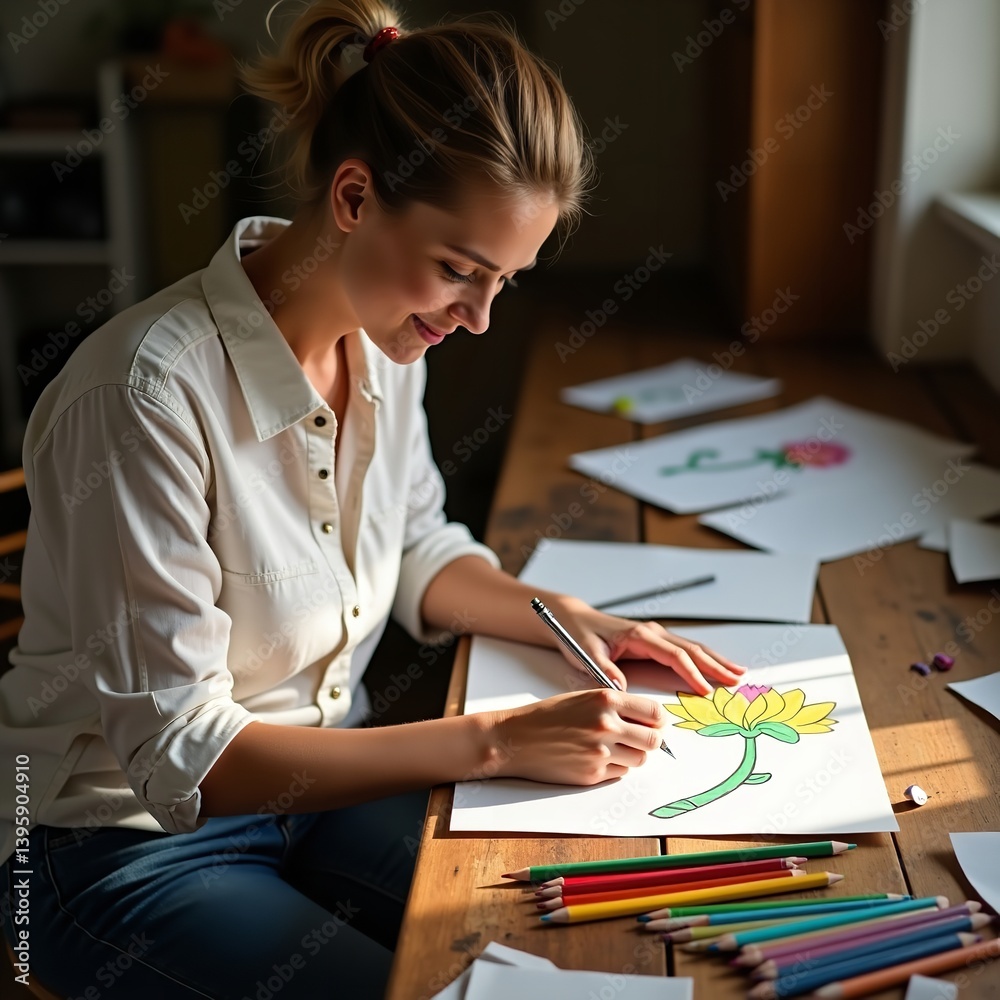 Woman artist coloring flower in sunlight peaceful art colored pencils creative hobby artistic talent