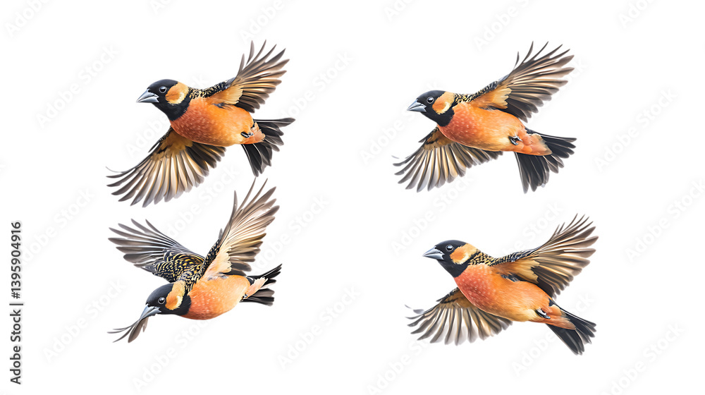 Pack Stunning Black-Headed Grosbeak in Flight Set in Different Poses on Transparent Background for Wildlife, Nature, and Bird-Themed Designs