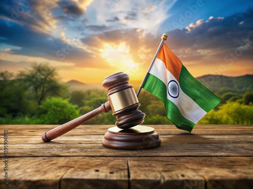 Indian Law Justice Panoramic: National Flag & Gavel Stock Photo