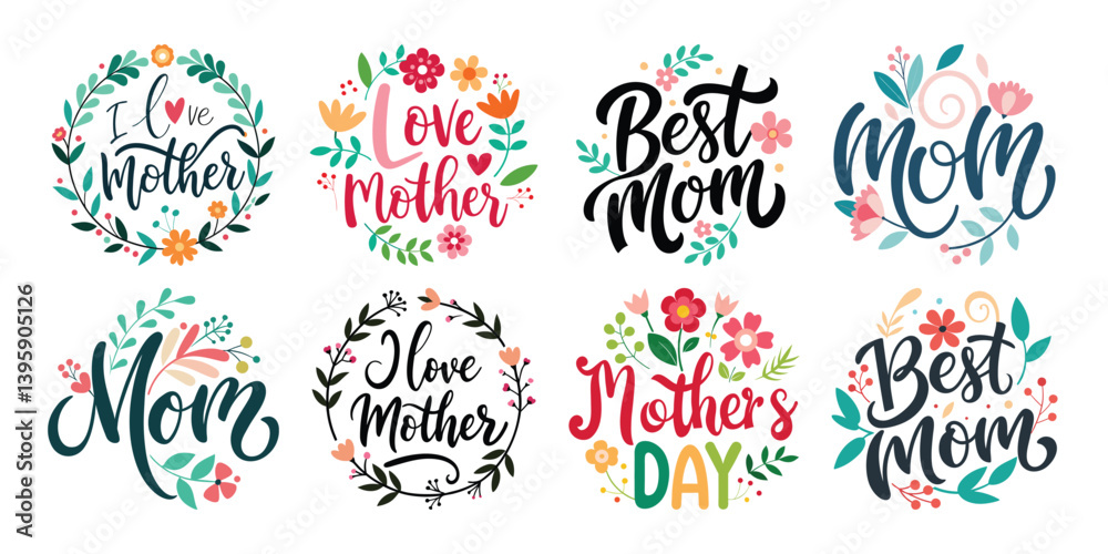 Obraz premium Happy Mothers Day Calligraphy Text Set Vector Illustration with Floral Decoration 