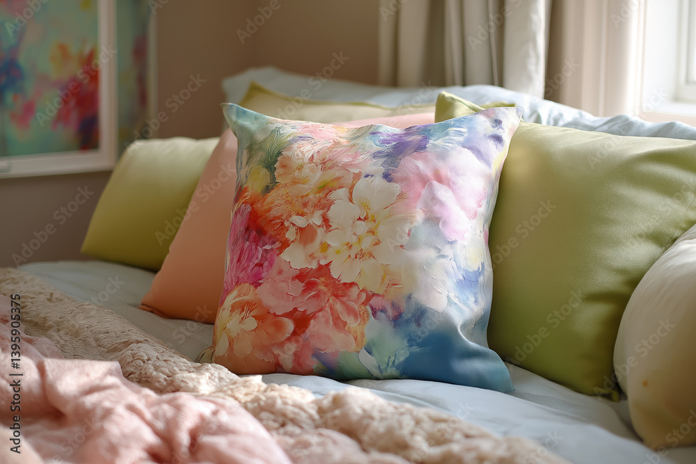 decorative floral pillow with watercolor pastel print on bed with soft green and peach accent cushions