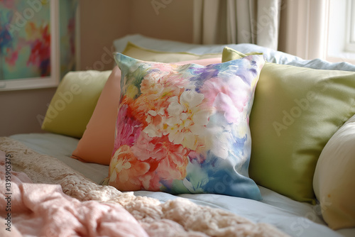Obraz na płótnie decorative floral pillow with watercolor pastel print on bed with soft green and peach accent cushions w salonie