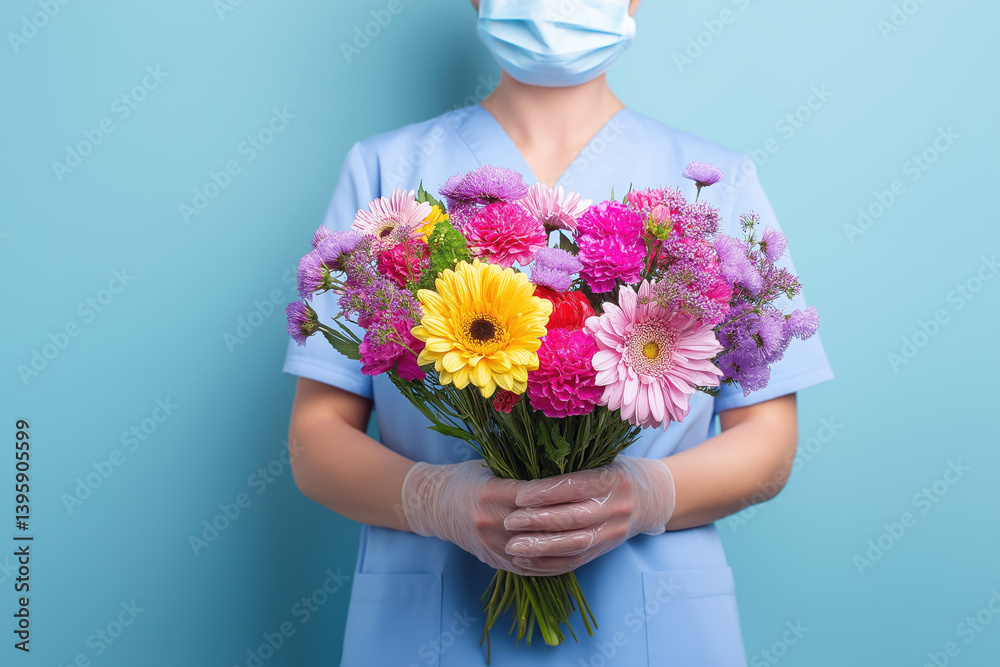 nurse in medical uniform holding colorful bouquet of flowers with gloves and face mask