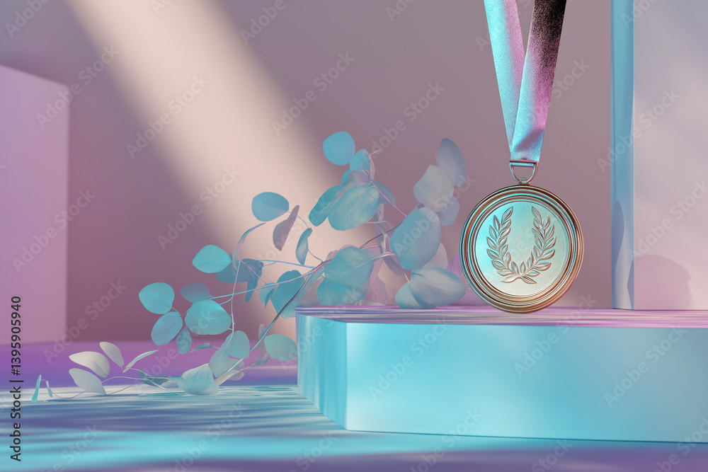 shiny award medal on pastel blue podium with holographic light for success recognition and achievement ceremony