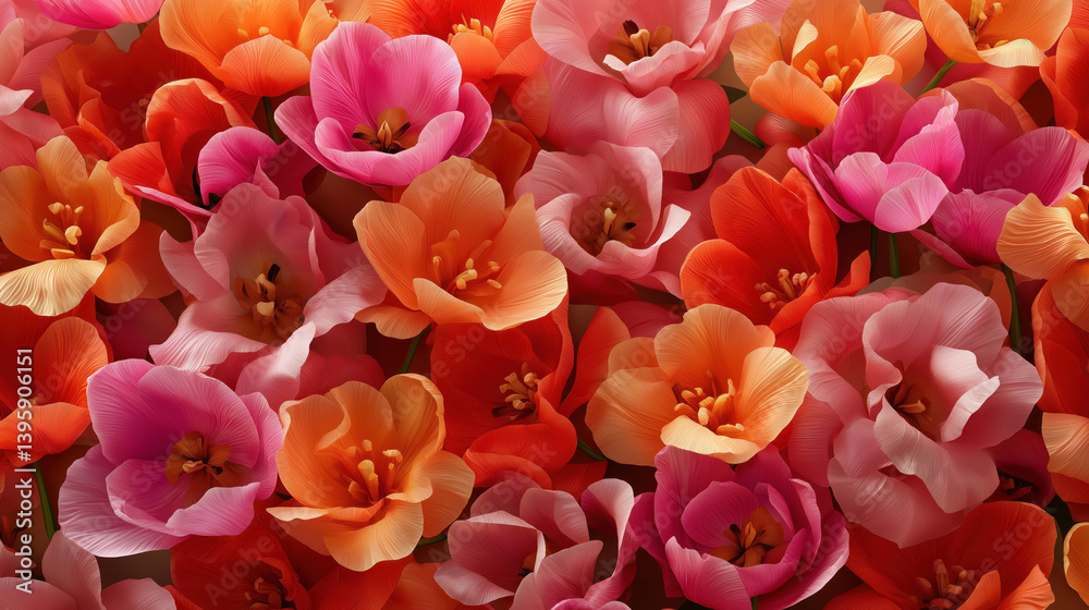 vibrant pink and orange tulips floral background with close up petals for spring and romantic design themes